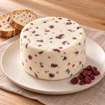 Niewędzony ser podpuszczkowy z żurawiną 1,5 kg na jasnym ceramicznym talerzu z żurawiną i pieczywem.